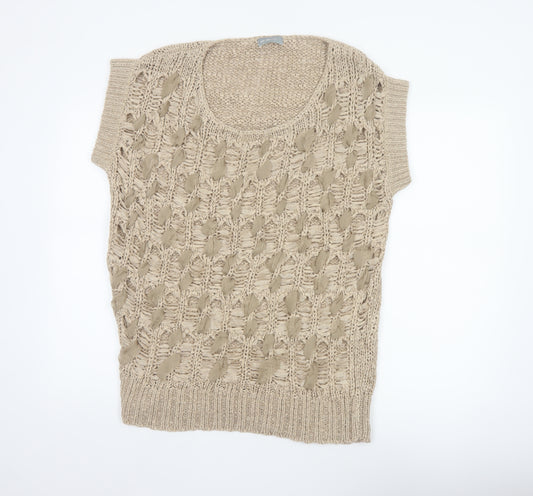 Per Una Women’s Beige L Open Knit Crochet Short Sleeve Tunic Jumper