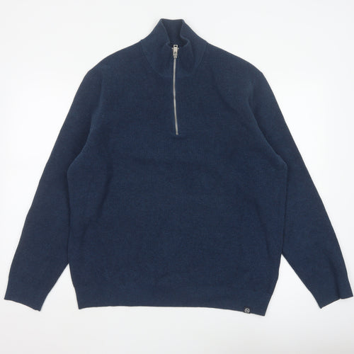 Marks & Spencer Men's Blue XL 1/2 Zip Cotton Blend Knit Jumper