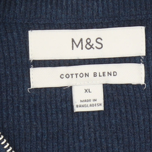 Marks & Spencer Men's Blue XL 1/2 Zip Cotton Blend Knit Jumper