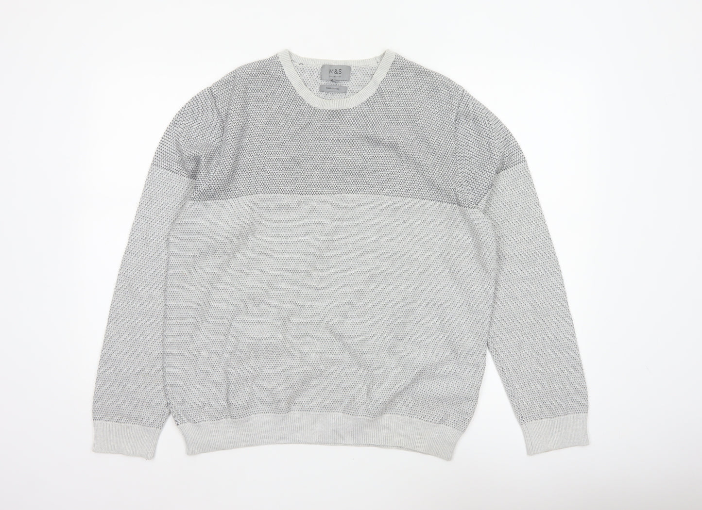 Marks and Spencer Men Grey L Pure Cotton Textured Knit Pullover Jumper