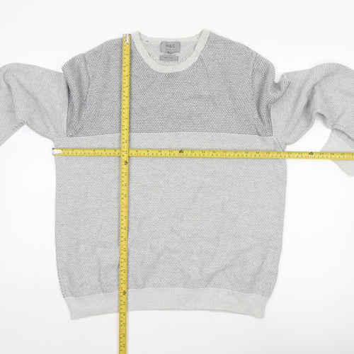 Marks and Spencer Men Grey L Pure Cotton Textured Knit Pullover Jumper