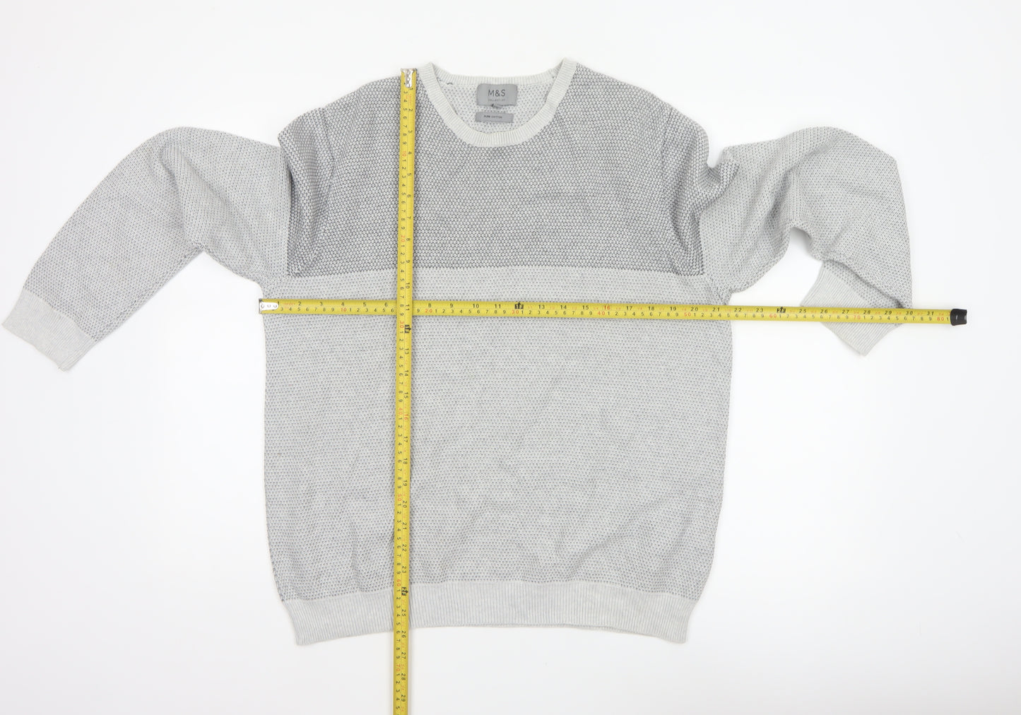 Marks and Spencer Men Grey L Pure Cotton Textured Knit Pullover Jumper