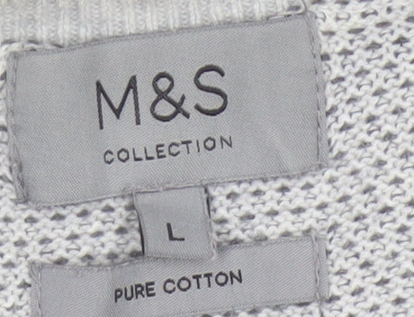 Marks and Spencer Men Grey L Pure Cotton Textured Knit Pullover Jumper