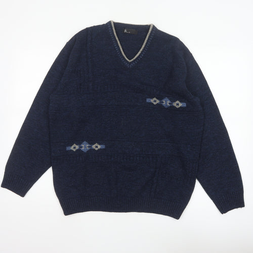 BHS Men's Navy Blue Small V-Neck Geometric Knit Acrylic Pullover Jumper