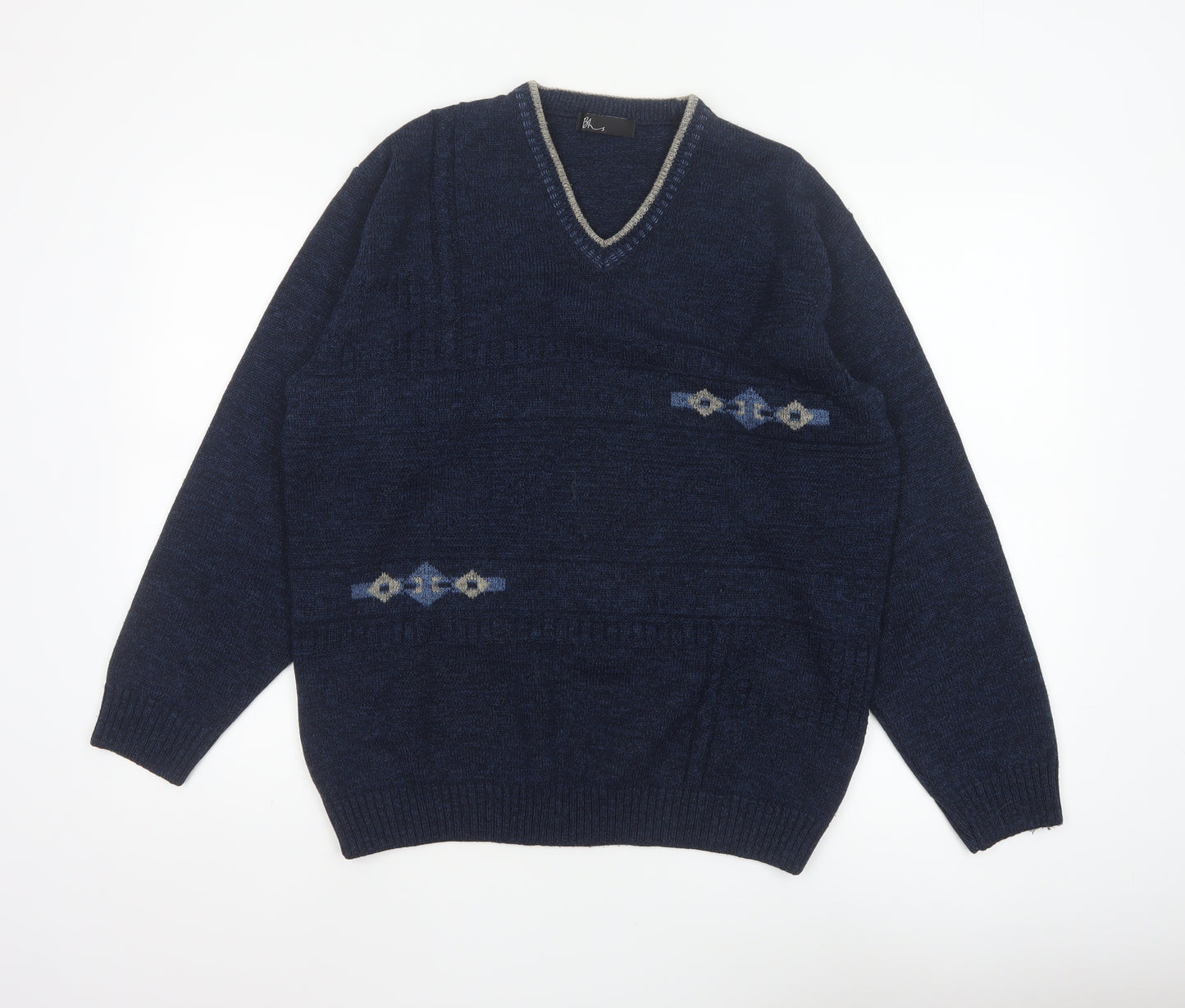 BHS Men's Navy Blue Small V-Neck Geometric Knit Acrylic Pullover Jumper