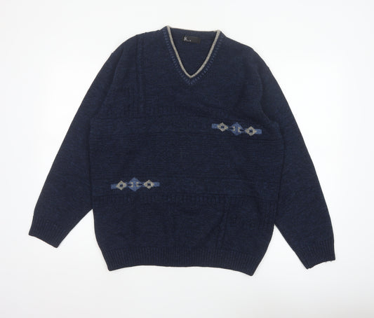 BHS Men's Navy Blue Small V-Neck Geometric Knit Acrylic Pullover Jumper