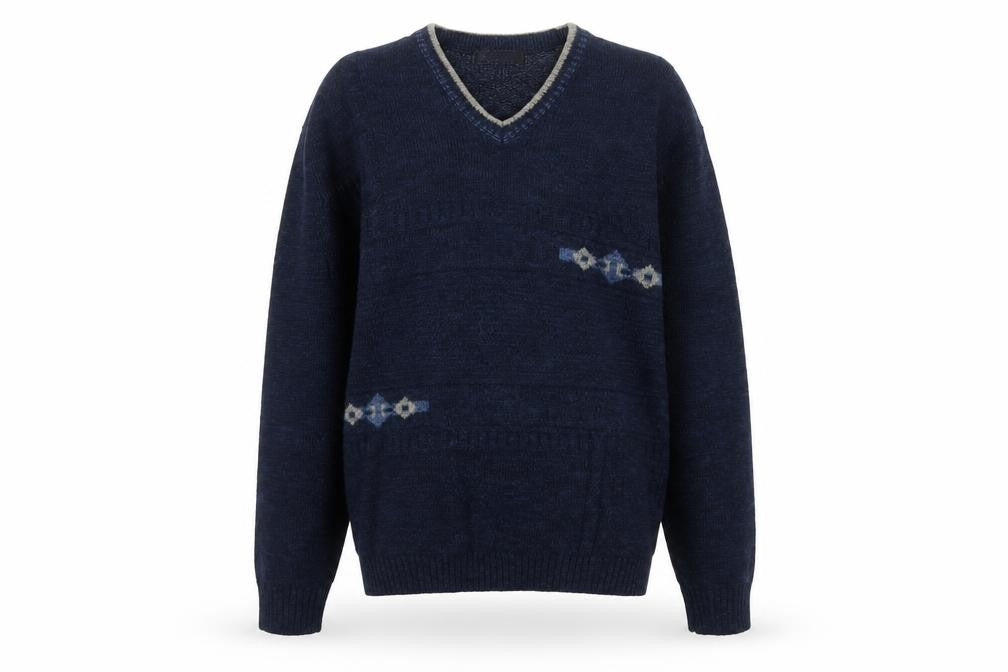 Front view of BHS Men's Navy Blue Small V-Neck Geometric Knit Acrylic jumper