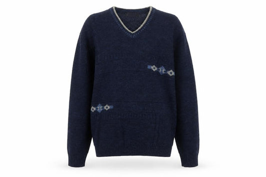 BHS Men's Navy Blue Small V-Neck Geometric Knit Acrylic Pullover Jumper