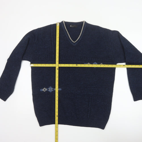 BHS Men's Navy Blue Small V-Neck Geometric Knit Acrylic Pullover Jumper