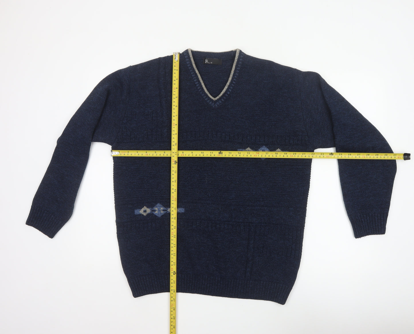 BHS Men's Navy Blue Small V-Neck Geometric Knit Acrylic Pullover Jumper