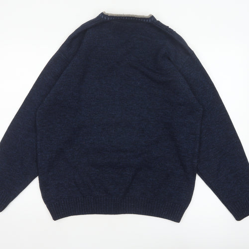 BHS Men's Navy Blue Small V-Neck Geometric Knit Acrylic Pullover Jumper