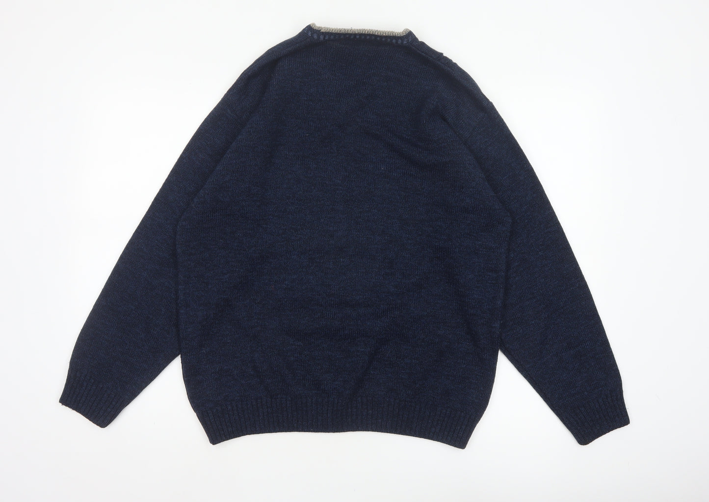 BHS Men's Navy Blue Small V-Neck Geometric Knit Acrylic Pullover Jumper