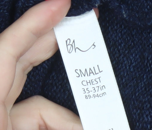 BHS Men's Navy Blue Small V-Neck Geometric Knit Acrylic Pullover Jumper