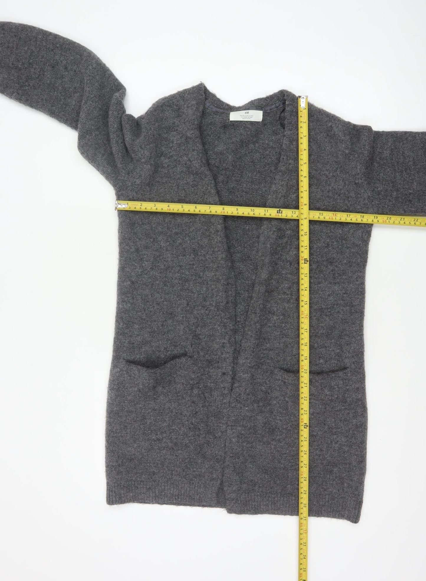 H&M Women Grey Size 14 Open V-Neck Longline Knit Cardigan