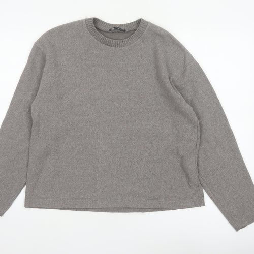 Zara Women Grey M Crew Neck Cotton Blend Knit Pullover Jumper
