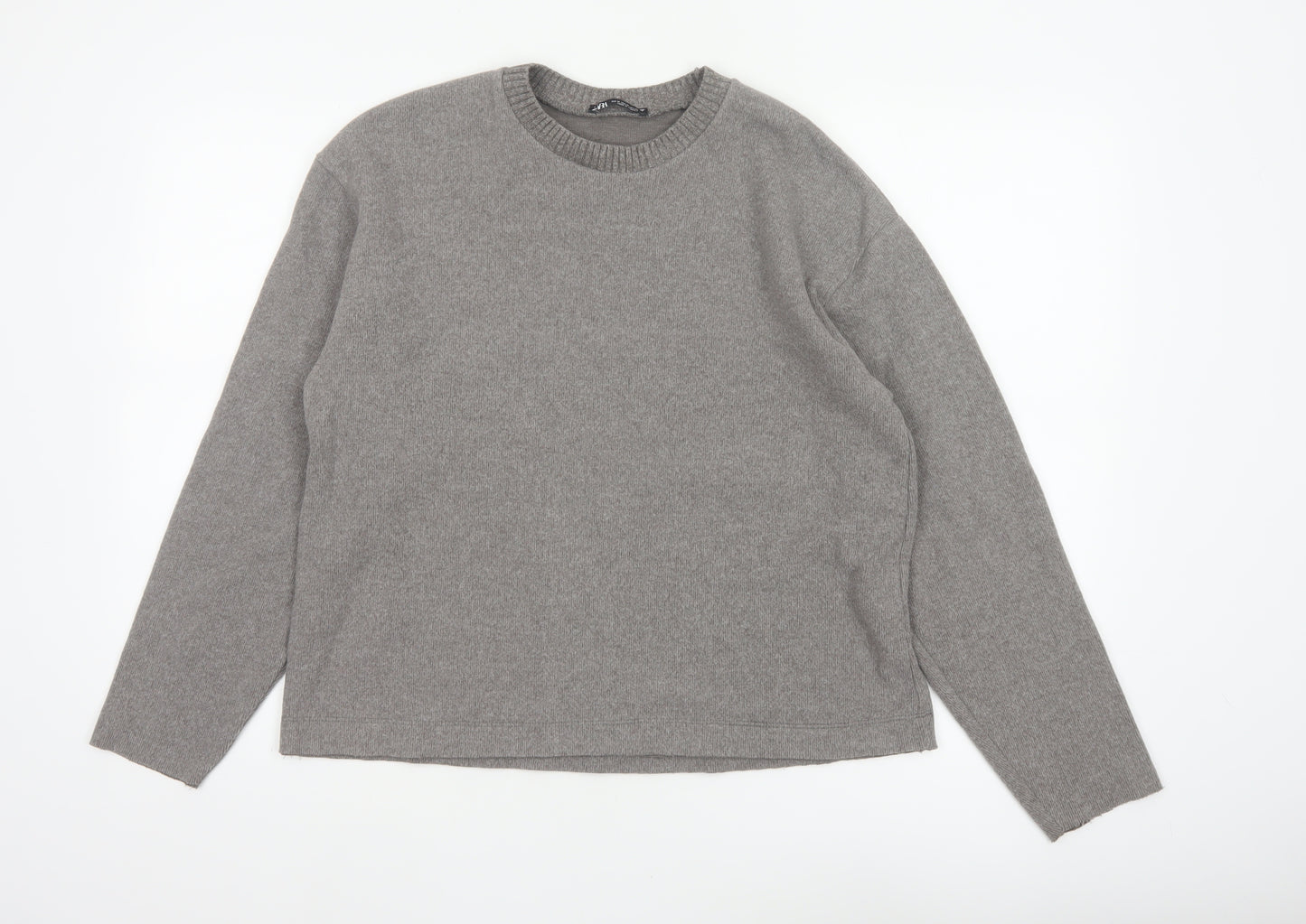 Zara Women Grey M Crew Neck Cotton Blend Knit Pullover Jumper