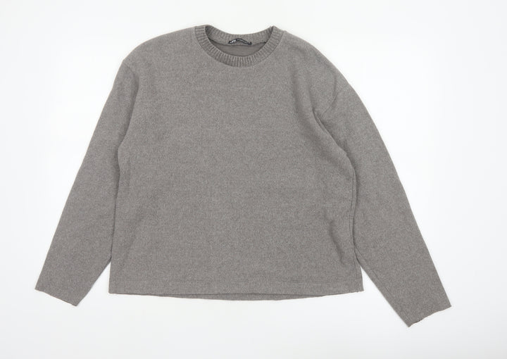 Zara Women Grey M Crew Neck Cotton Blend Knit Pullover Jumper