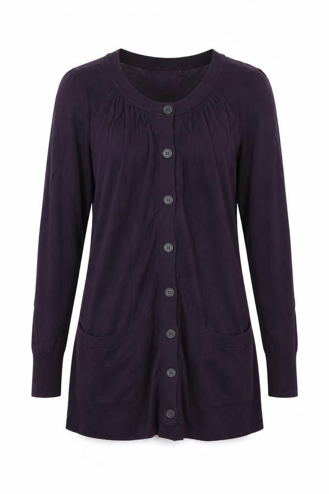 Front view of Jigsaw Women’s Purple Wool Blend Longline Button Cardigan, size M
