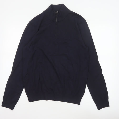H&M Unisex Blue M Regular Fit 1/4 Zip High Neck Viscose Jumper