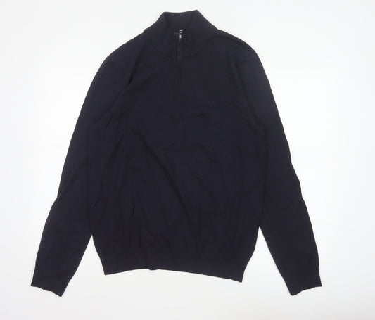 H&M Unisex Blue M Regular Fit 1/4 Zip High Neck Viscose Jumper