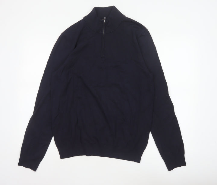H&M Unisex Blue M Regular Fit 1/4 Zip High Neck Viscose Jumper