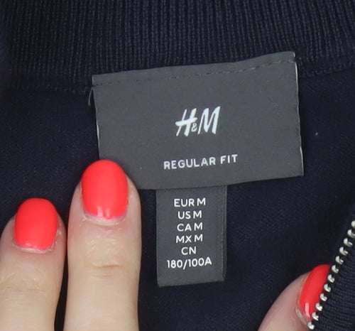 H&M Unisex Blue M Regular Fit 1/4 Zip High Neck Viscose Jumper