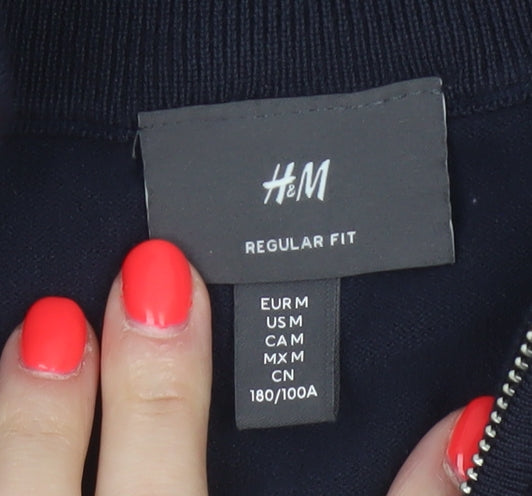 H&M Unisex Blue M Regular Fit 1/4 Zip High Neck Viscose Jumper