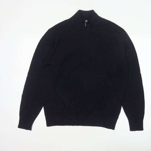 Uniqlo Men Black M 100% Wool 1/4 Zip High Neck Knit Jumper