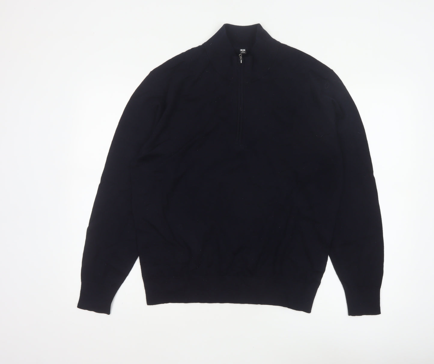 Uniqlo Men Black M 100% Wool 1/4 Zip High Neck Knit Jumper