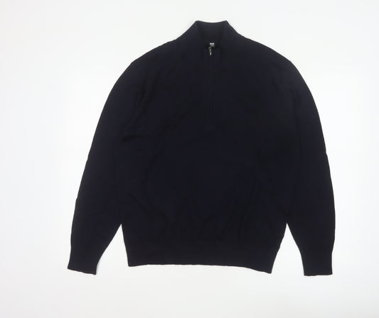 Uniqlo Men Black M 100% Wool 1/4 Zip High Neck Knit Jumper
