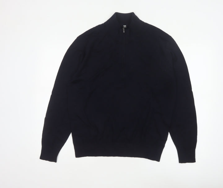 Uniqlo Men Black M 100% Wool 1/4 Zip High Neck Knit Jumper