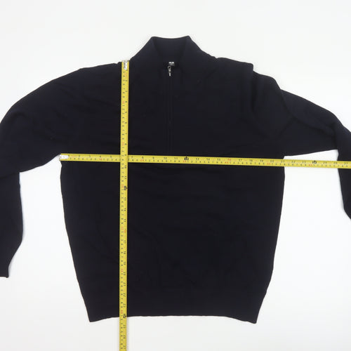 Uniqlo Men Black M 100% Wool 1/4 Zip High Neck Knit Jumper