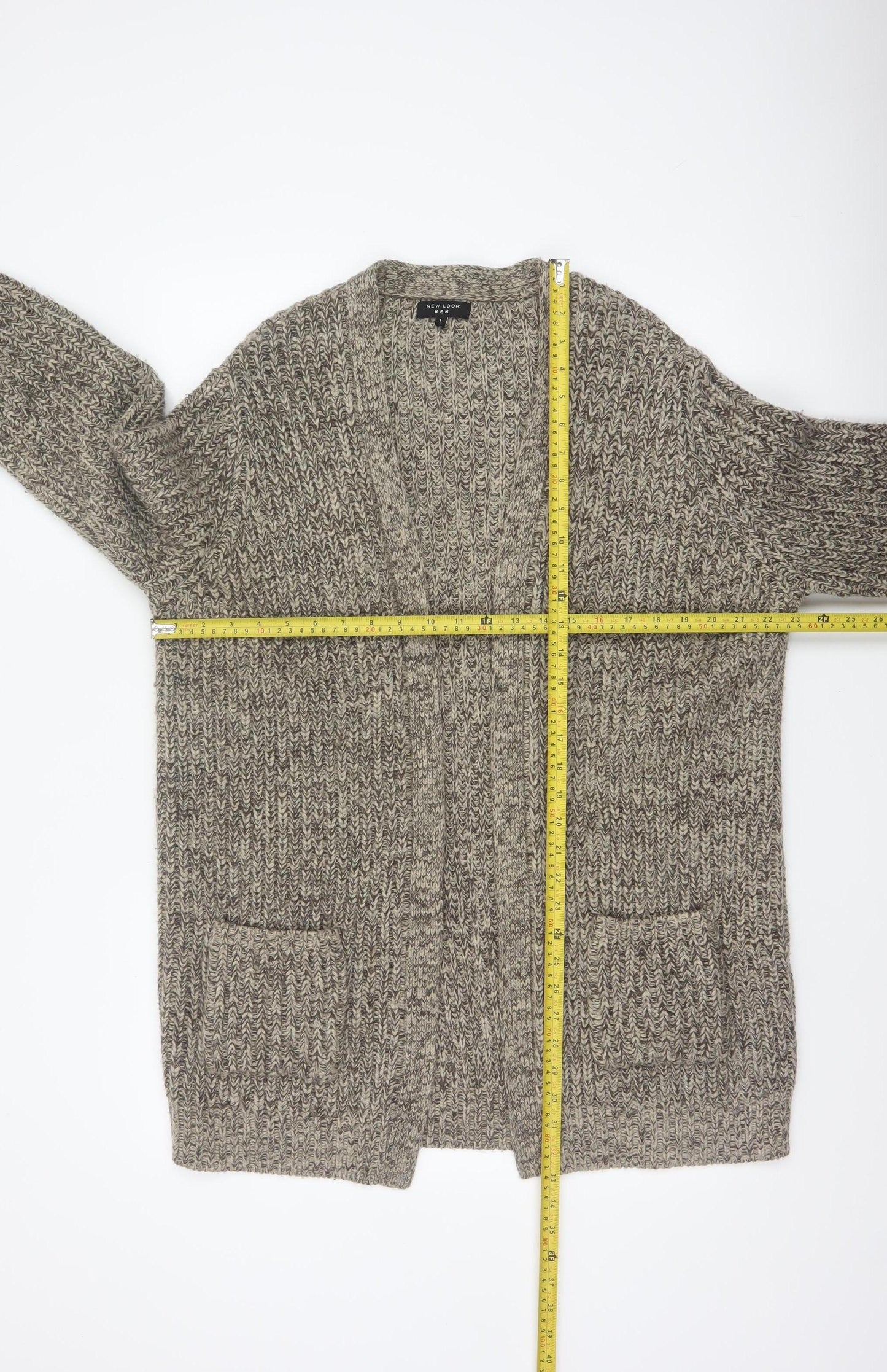 New Look Men Beige Size L Open Chunky Knit Cardigan Pockets