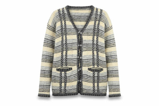 Front view of Nahar Women Grey Cream Striped Chunky Knit Button V-Neck Cardigan UK 24