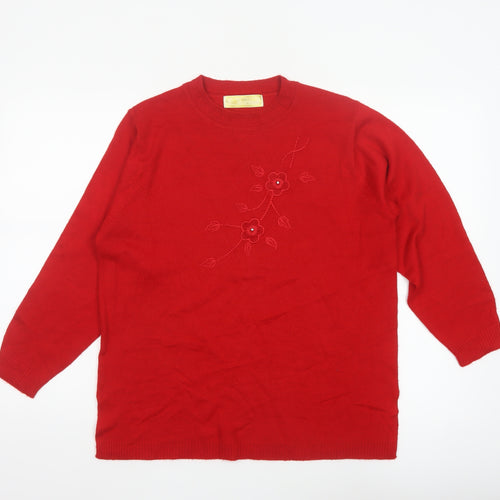 Sona Tex Women’s Red M Floral Embroidered Knit Pullover Jumper
