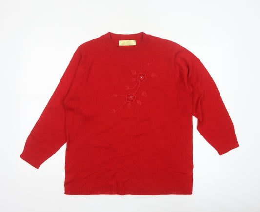 Sona Tex Women’s Red M Floral Embroidered Knit Pullover Jumper