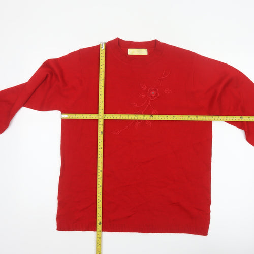 Sona Tex Women’s Red M Floral Embroidered Knit Pullover Jumper
