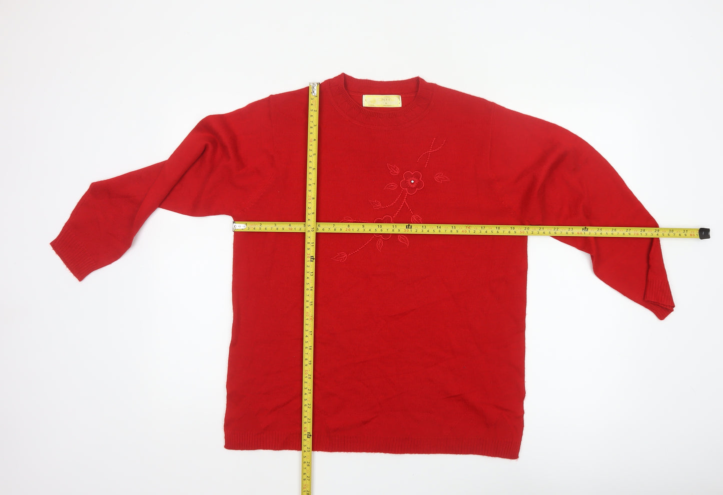 Sona Tex Women’s Red M Floral Embroidered Knit Pullover Jumper
