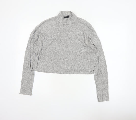 Topshop Women Grey UK 12 Cropped Mock Neck Knit Long Sleeve Top