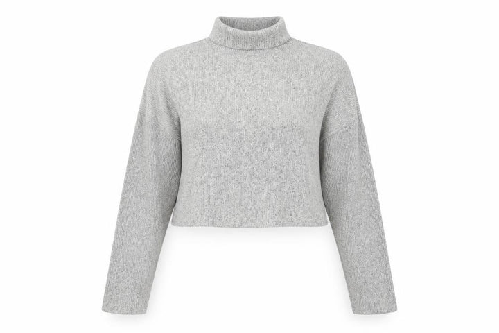 Topshop Women Grey UK 12 Cropped Mock Neck Knit Long Sleeve Top