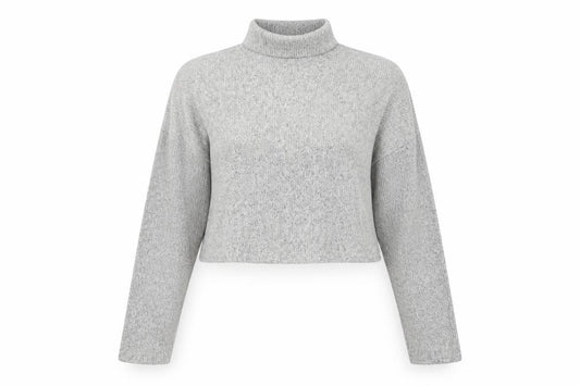 Front view of Topshop Women Grey UK 12 Cropped Mock Neck Knit Long Sleeve Top