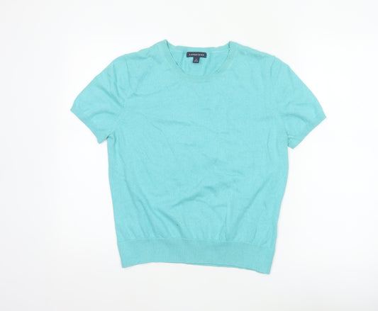 Lands' End Women’s Blue Cotton Short Sleeve Round Neck Jumper M