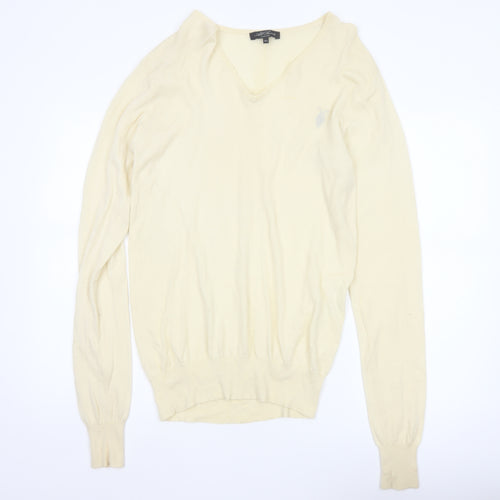 AllSaints Men’s Ivory XL Merino Wool V-Neck Pullover Jumper Logo