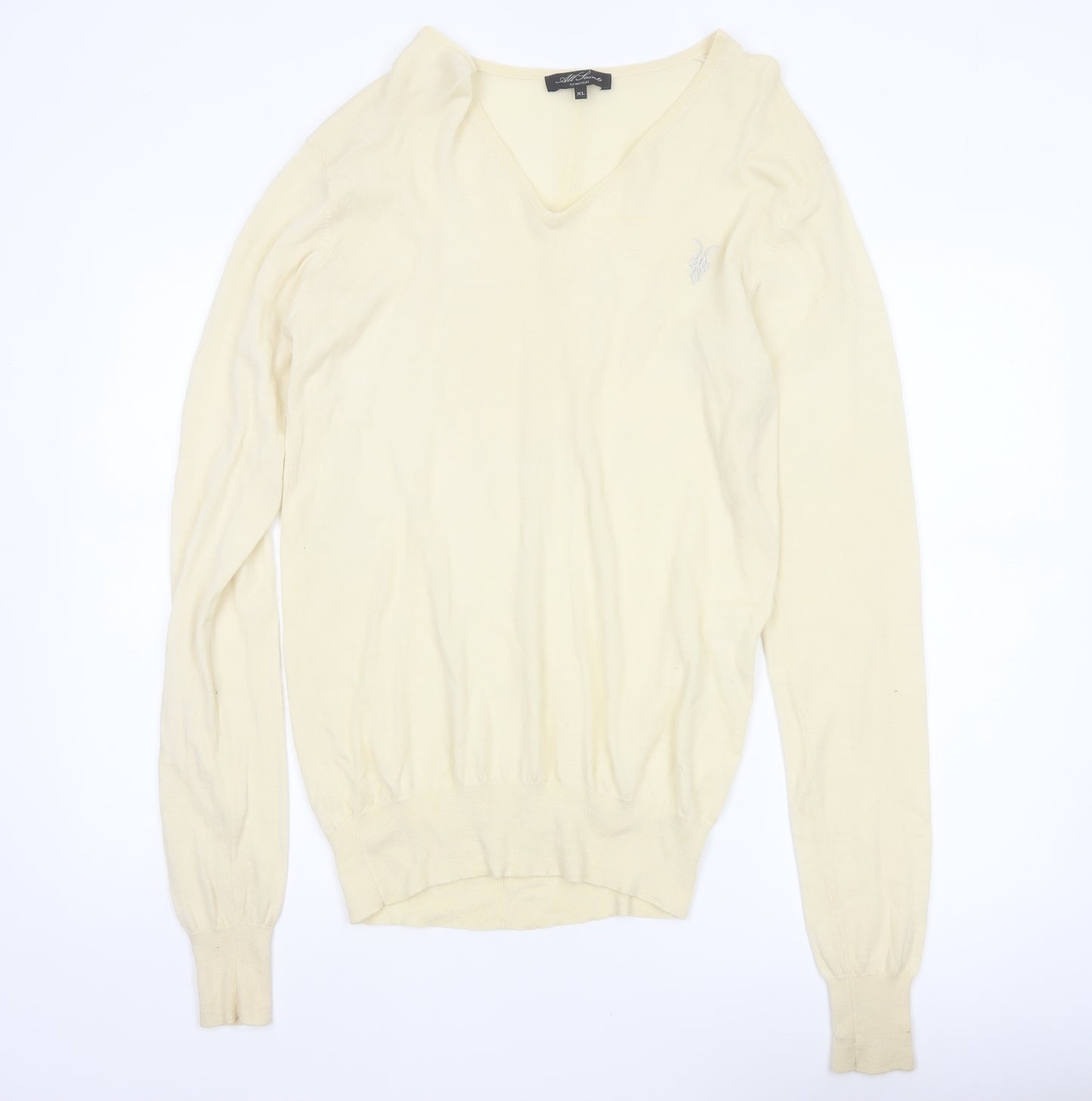 AllSaints Men’s Ivory XL Merino Wool V-Neck Pullover Jumper Logo