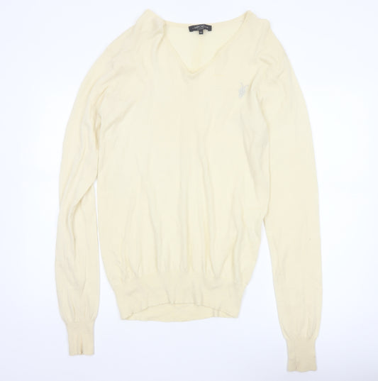 AllSaints Men’s Ivory XL Merino Wool V-Neck Pullover Jumper Logo
