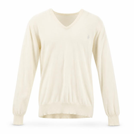 Front view of AllSaints Men’s Ivory XL Merino Wool V-Neck jumper Logo