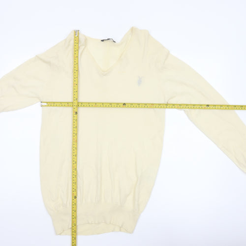 AllSaints Men’s Ivory XL Merino Wool V-Neck Pullover Jumper Logo