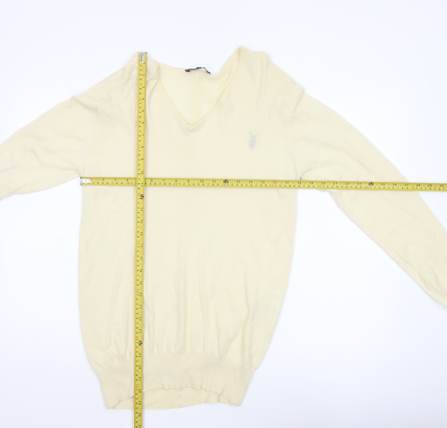 AllSaints Men’s Ivory XL Merino Wool V-Neck Pullover Jumper Logo