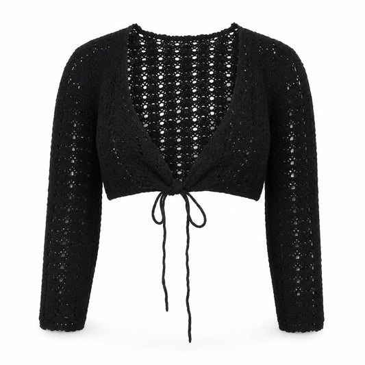 Topshop Women Black Size 12 Crochet Tie Front Shrug Cardigan