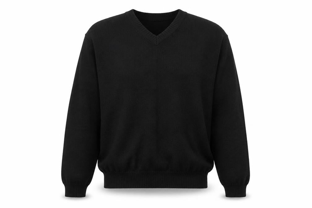 Front view of Suspense Men’s Black S V-Neck Wool Acrylic Geometric Knit Jumper